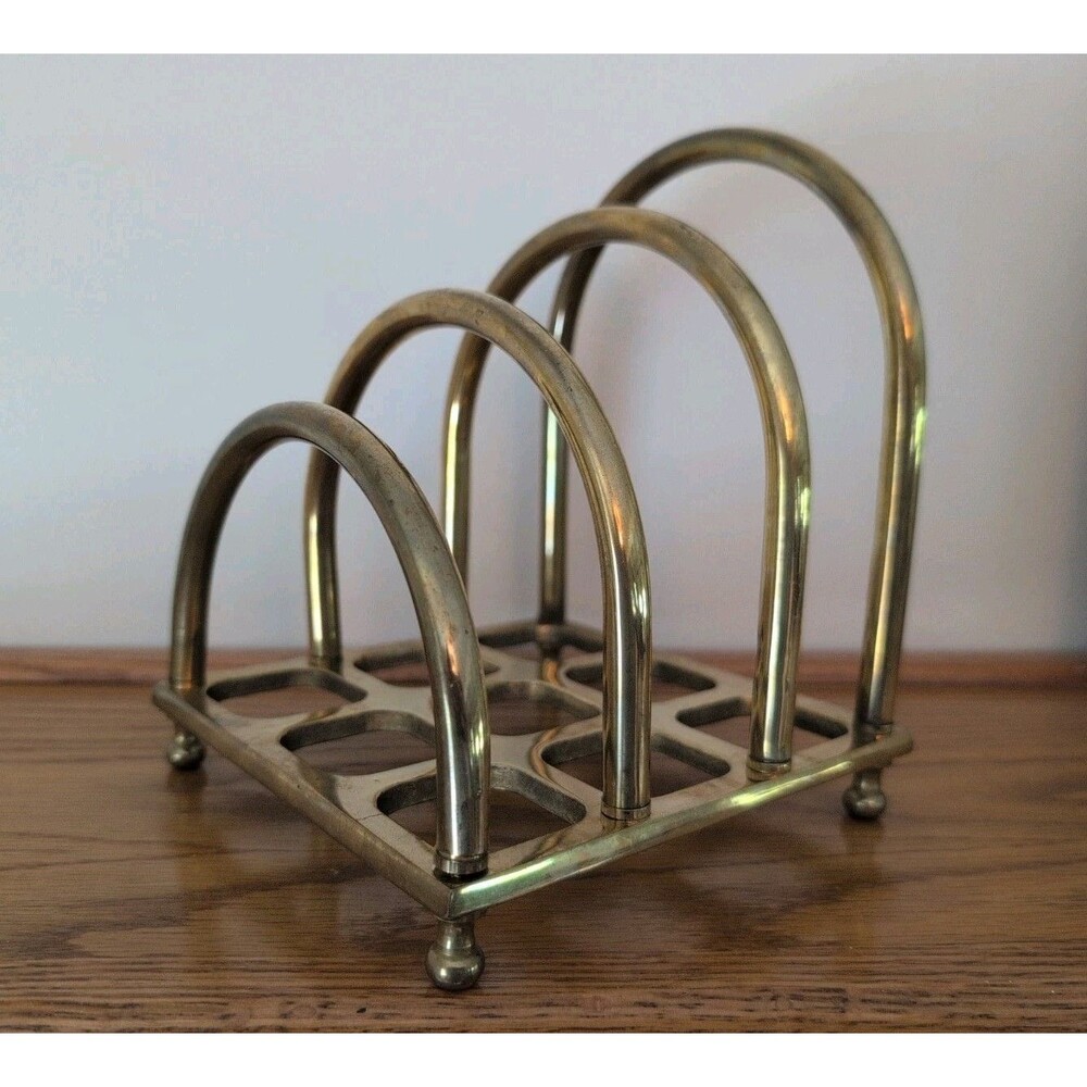 Vtg MCM Solid Brass Arched Mail Sorter Letter Holder Desk Organizer Waffle Base